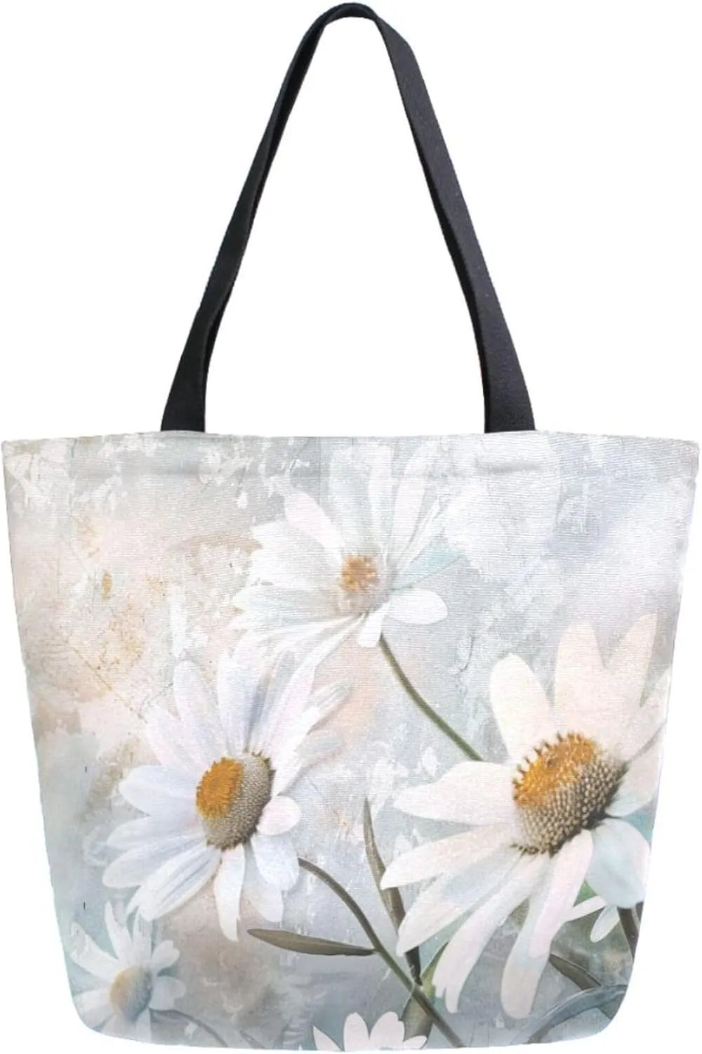 Stylish Extra Large Shoulder Grocery Tote Bag, White Daisy Flowers Canvas Daily Handle Bag for Gym Weekender Beach Travel Kitchen Reusable Market Shopping