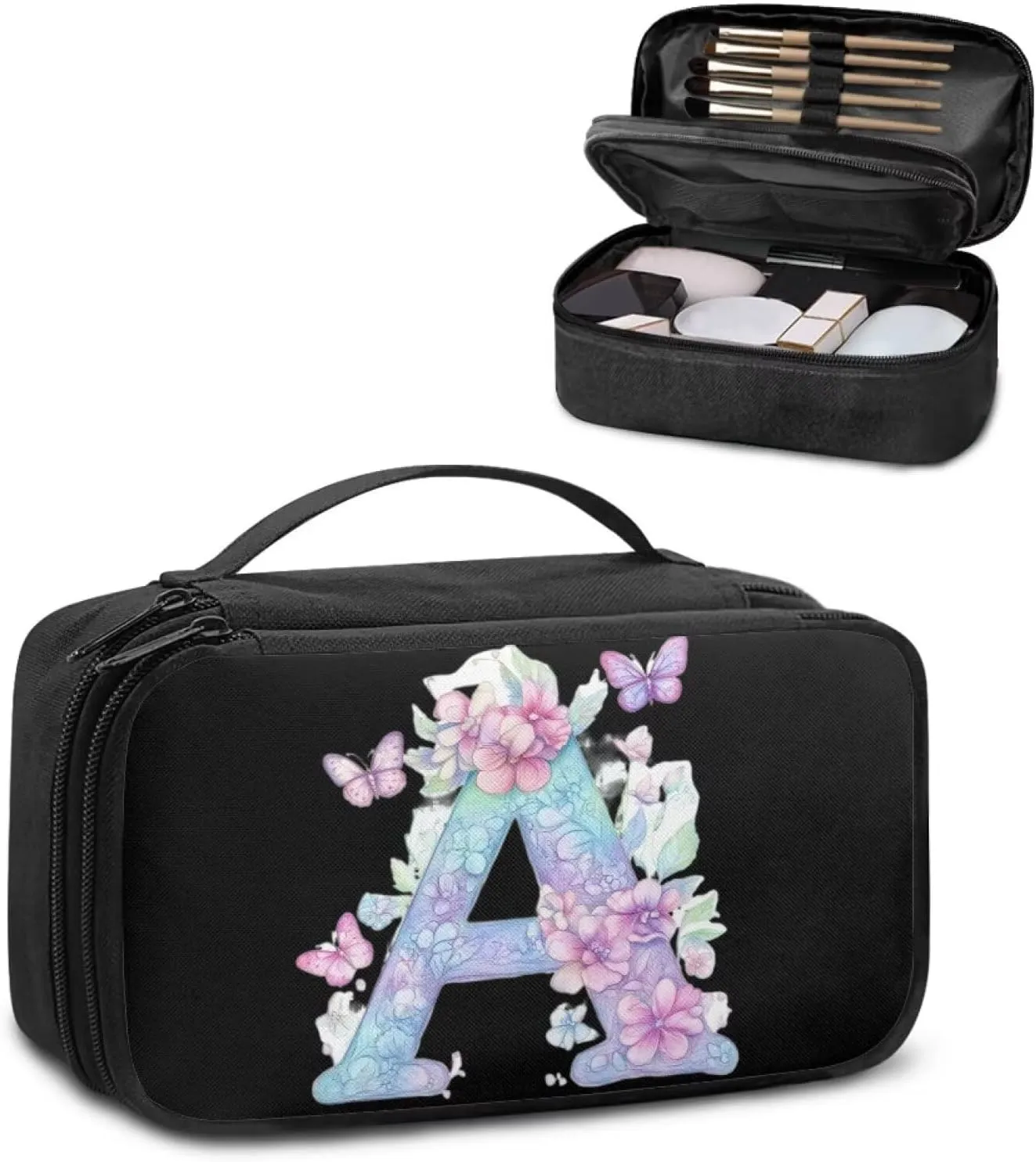 Stylish Initial Makeup Bag for Women for Working Women - Waterproof Polyester Cosmetic Organizer with Multiple Pockets, Machine Washable Gift Idea Black A