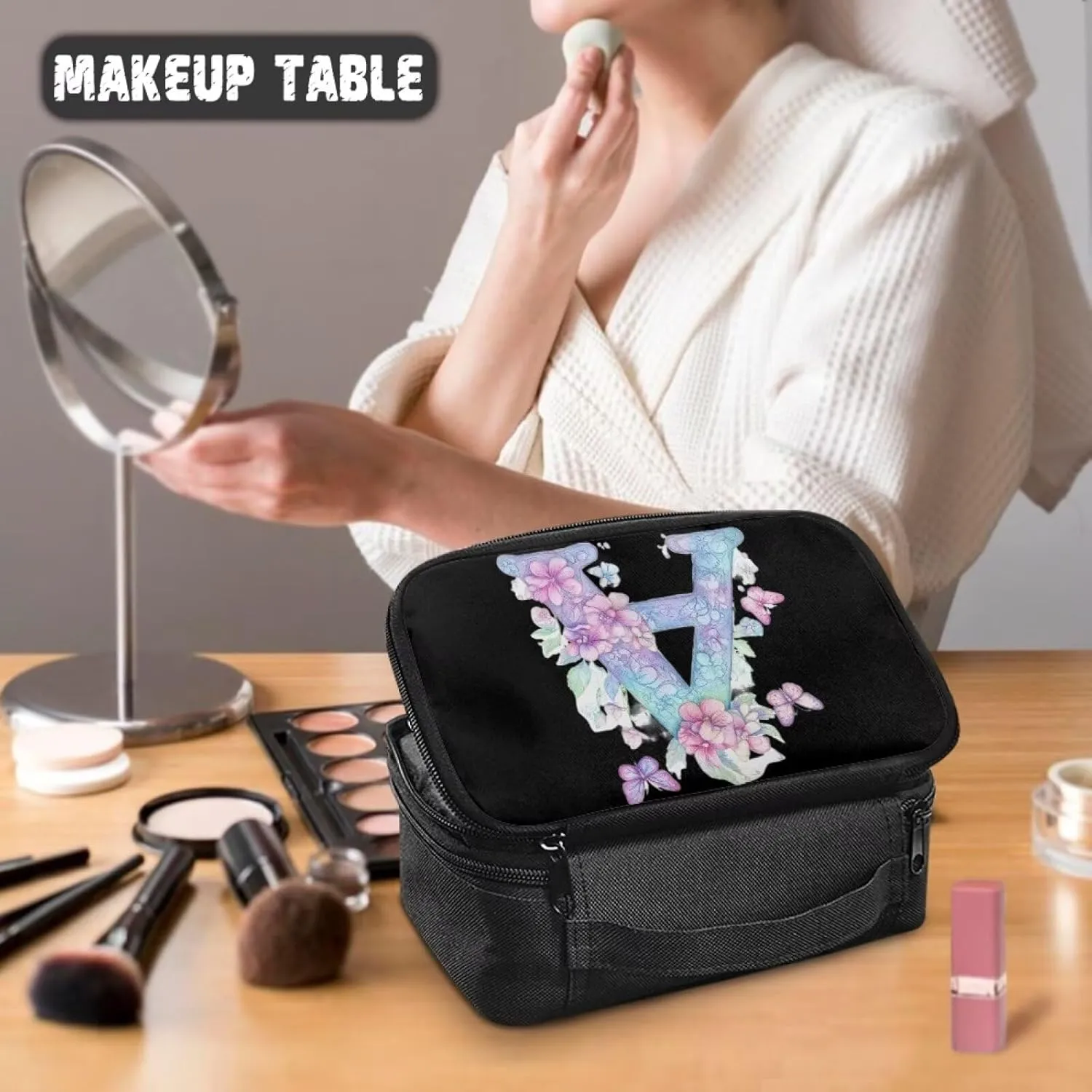 Stylish Initial Makeup Bag for Women for Working Women - Waterproof Polyester Cosmetic Organizer with Multiple Pockets, Machine Washable Gift Idea Black A