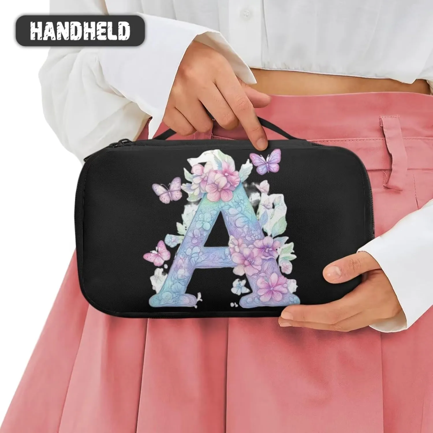 Stylish Initial Makeup Bag for Women for Working Women - Waterproof Polyester Cosmetic Organizer with Multiple Pockets, Machine Washable Gift Idea Black A