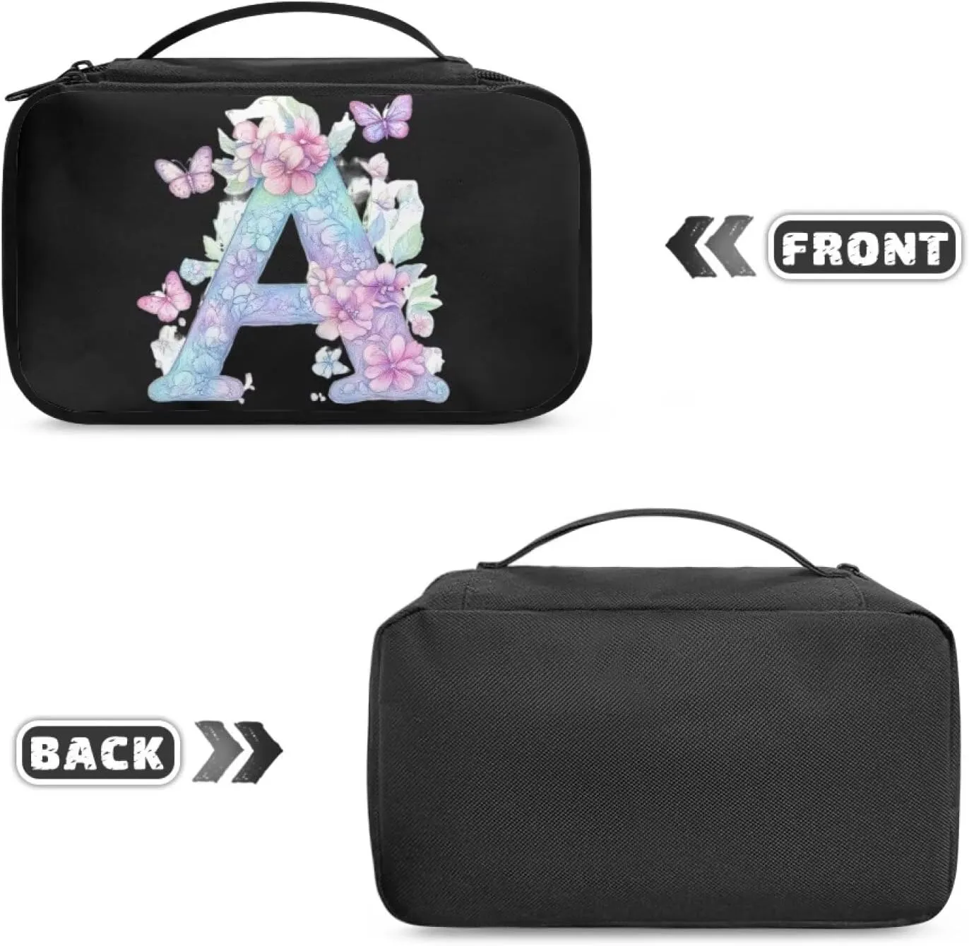 Stylish Initial Makeup Bag for Women for Working Women - Waterproof Polyester Cosmetic Organizer with Multiple Pockets, Machine Washable Gift Idea Black A