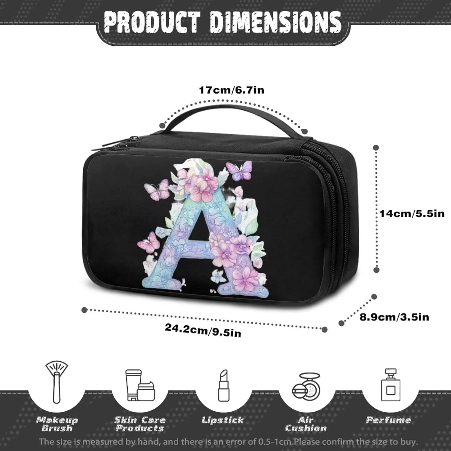 Stylish Initial Makeup Bag for Women for Working Women - Waterproof Polyester Cosmetic Organizer with Multiple Pockets, Machine Washable Gift Idea Black A