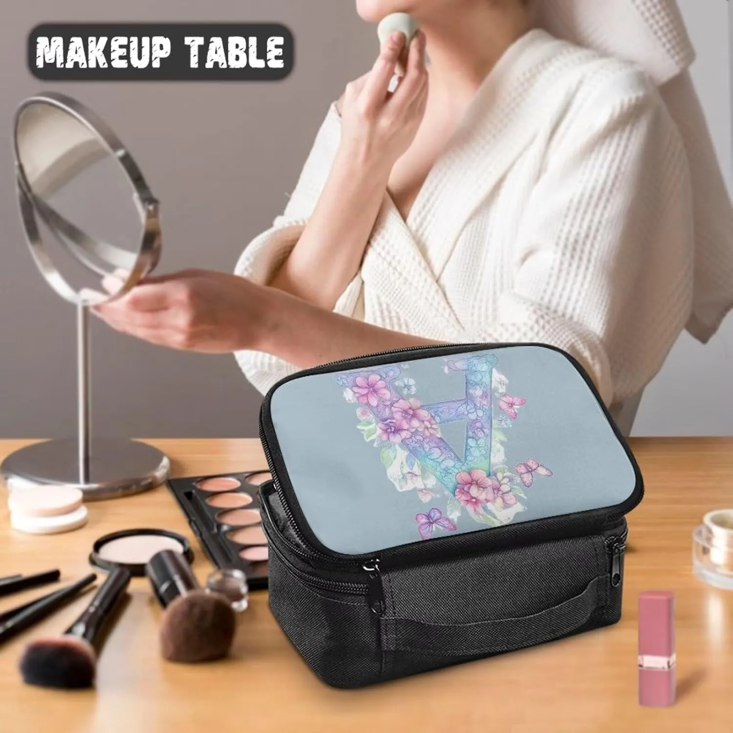 Stylish Initial Makeup Bag for Women for Working Women - Waterproof Polyester Cosmetic Organizer with Multiple Pockets, Machine Washable Gift Idea Blue A