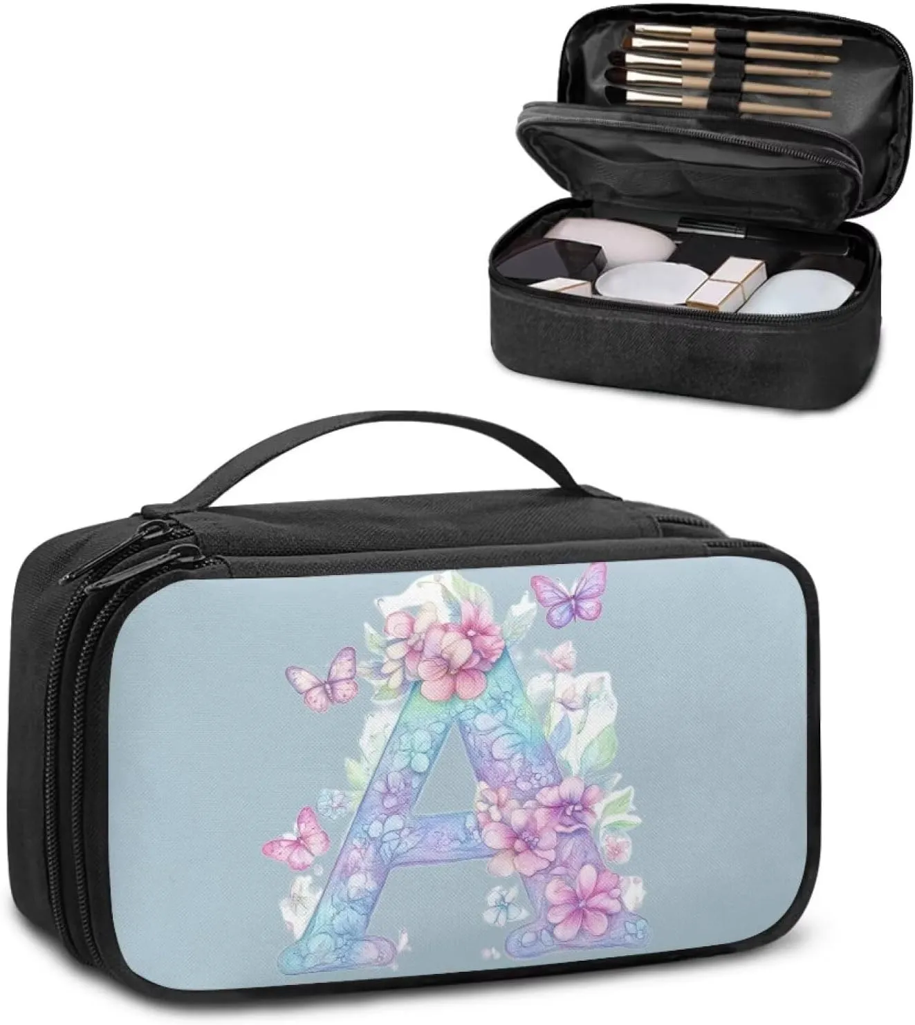 Stylish Initial Makeup Bag for Women for Working Women - Waterproof Polyester Cosmetic Organizer with Multiple Pockets, Machine Washable Gift Idea Blue A