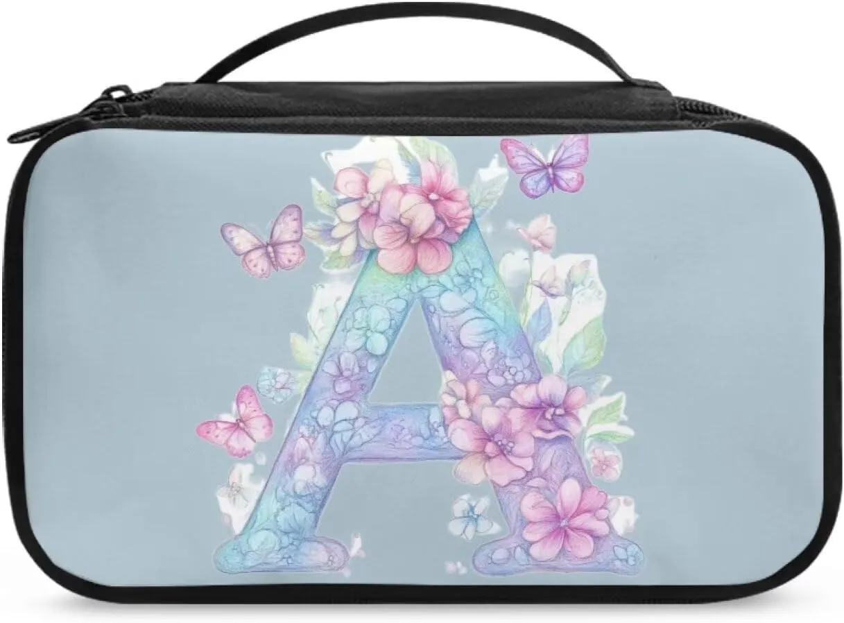 Stylish Initial Makeup Bag for Women for Working Women - Waterproof Polyester Cosmetic Organizer with Multiple Pockets, Machine Washable Gift Idea Blue A