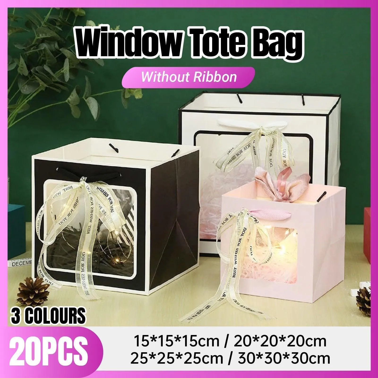 Stylish Paper Gift Bag with Window 3 Colors 20PCS