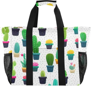 Succulents Flora Cactus Tote Bag for Women with Zipper Large Beach Bags Foldable Work Bag Totes Handbags for Pool Grocery Gym Travel