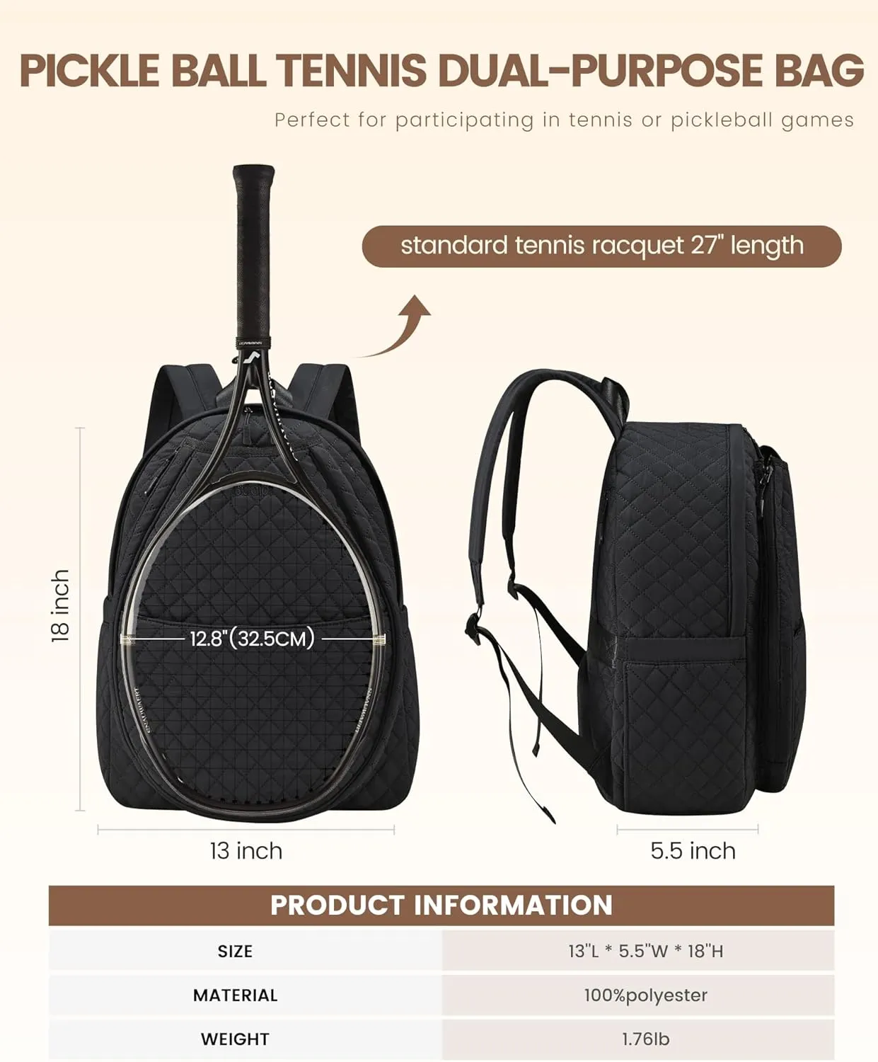 Sucipi Tennis Bags for Women, Quilted Tennis Racket Bag Backpack for Tennis Racquet, Pickleball Paddles, Badminton
