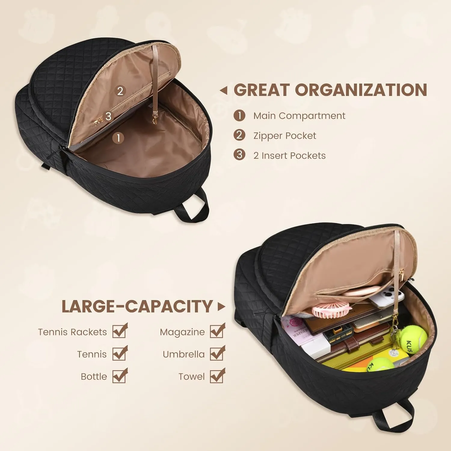 Sucipi Tennis Bags for Women, Quilted Tennis Racket Bag Backpack for Tennis Racquet, Pickleball Paddles, Badminton