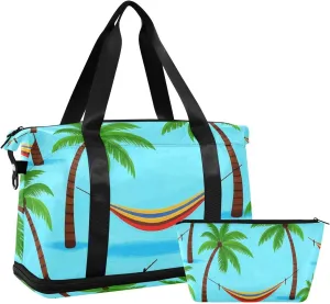 Summer Blue Coconut Tree Hammock Large Travel Bag Weekender Bag with Adjustable Strap for Airplane Traveling Waterproof