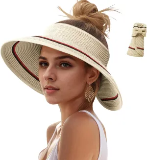 Sun Hats Visor for Women, UV UPF Straw Beach Hat Foldable Wide Brim Ponytail Summer Hats Packable Travel