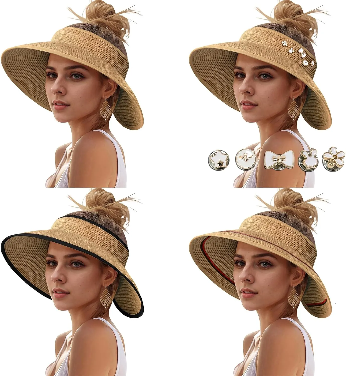 Sun Hats Visor for Women, UV UPF Straw Beach Hat Foldable Wide Brim Ponytail Summer Hats Packable Travel