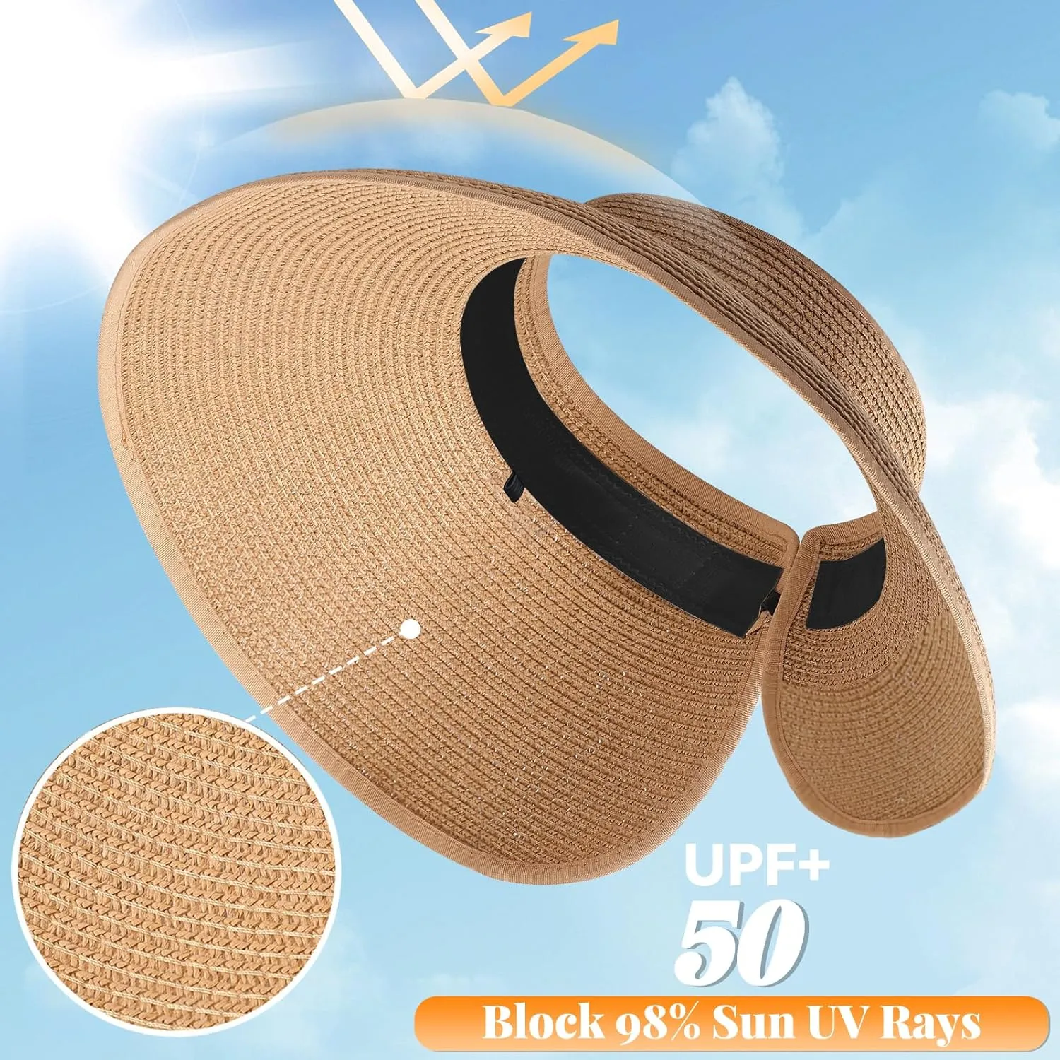 Sun Hats Visor for Women, UV UPF Straw Beach Hat Foldable Wide Brim Ponytail Summer Hats Packable Travel