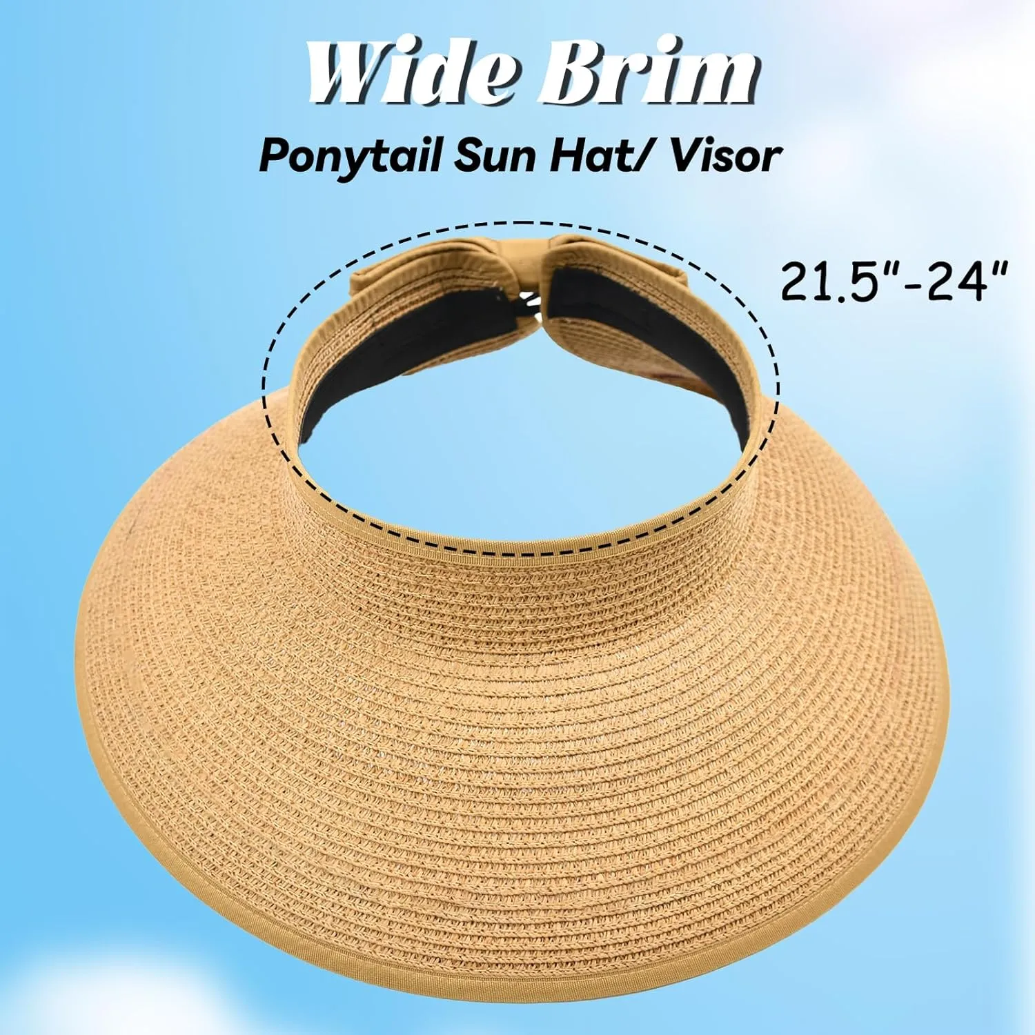 Sun Hats Visor for Women, UV UPF Straw Beach Hat Foldable Wide Brim Ponytail Summer Hats Packable Travel