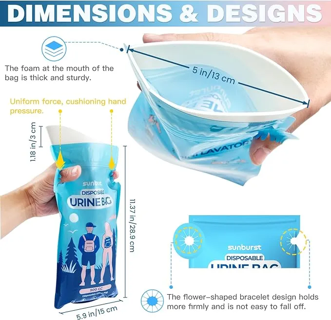 SUNBURST Disposable Urine Bag Pee Bags for Travel for Women and Men,12PCS Unisex Travel Urinal Bags,Portable Urinal Bag and Vomit Bags,Portable Toilet Bag for Travel,Camping,Pregnant,Patient, Kids