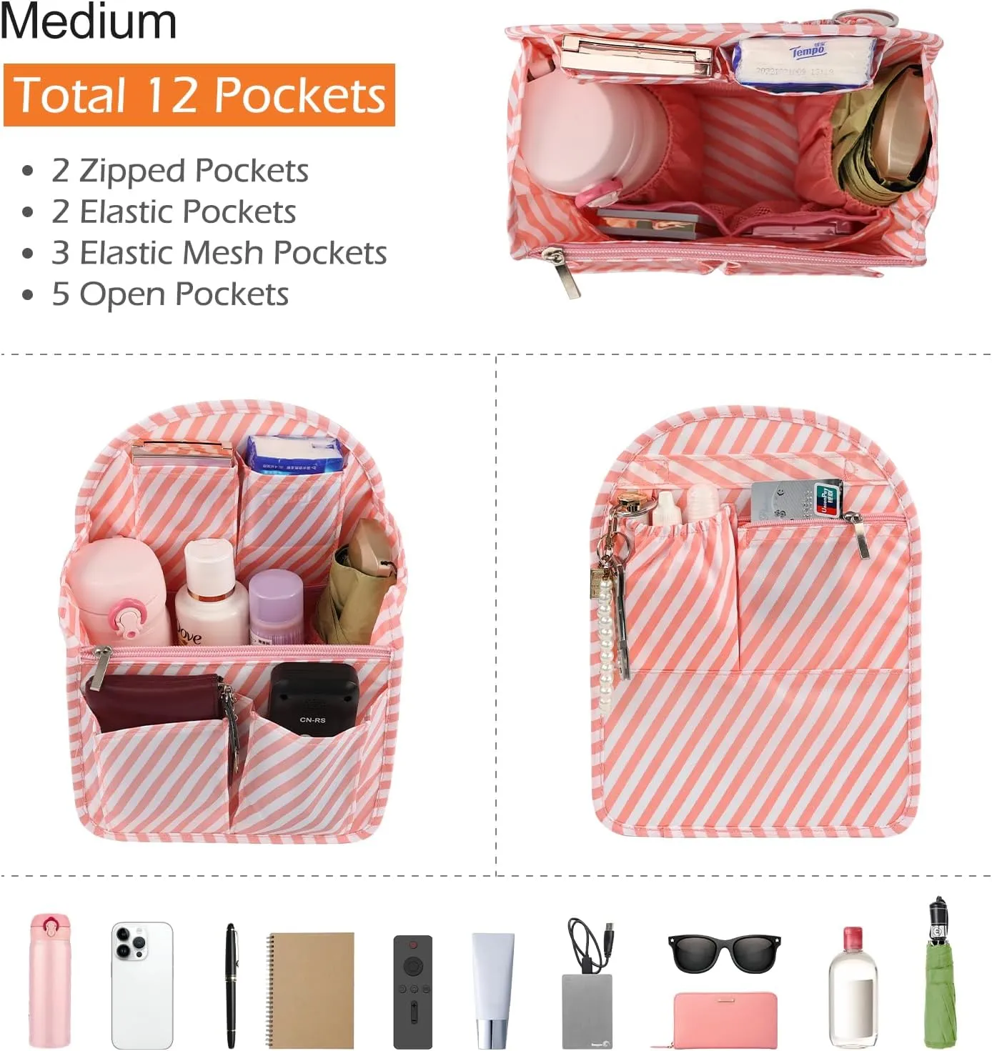 Surblue Backpack Organizer Insert Liner Hanging Travel Rucksack Purse and Handbag Insert Pocket, High-capacity Divider Foldable Nylon Shoulder Bag Organizer for Men and Women, (Pink, M)