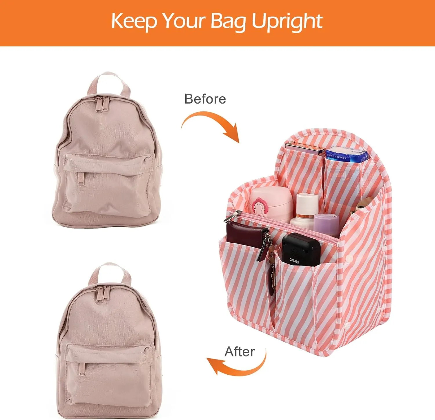 Surblue Backpack Organizer Insert Liner Hanging Travel Rucksack Purse and Handbag Insert Pocket, High-capacity Divider Foldable Nylon Shoulder Bag Organizer for Men and Women, (Pink, M)