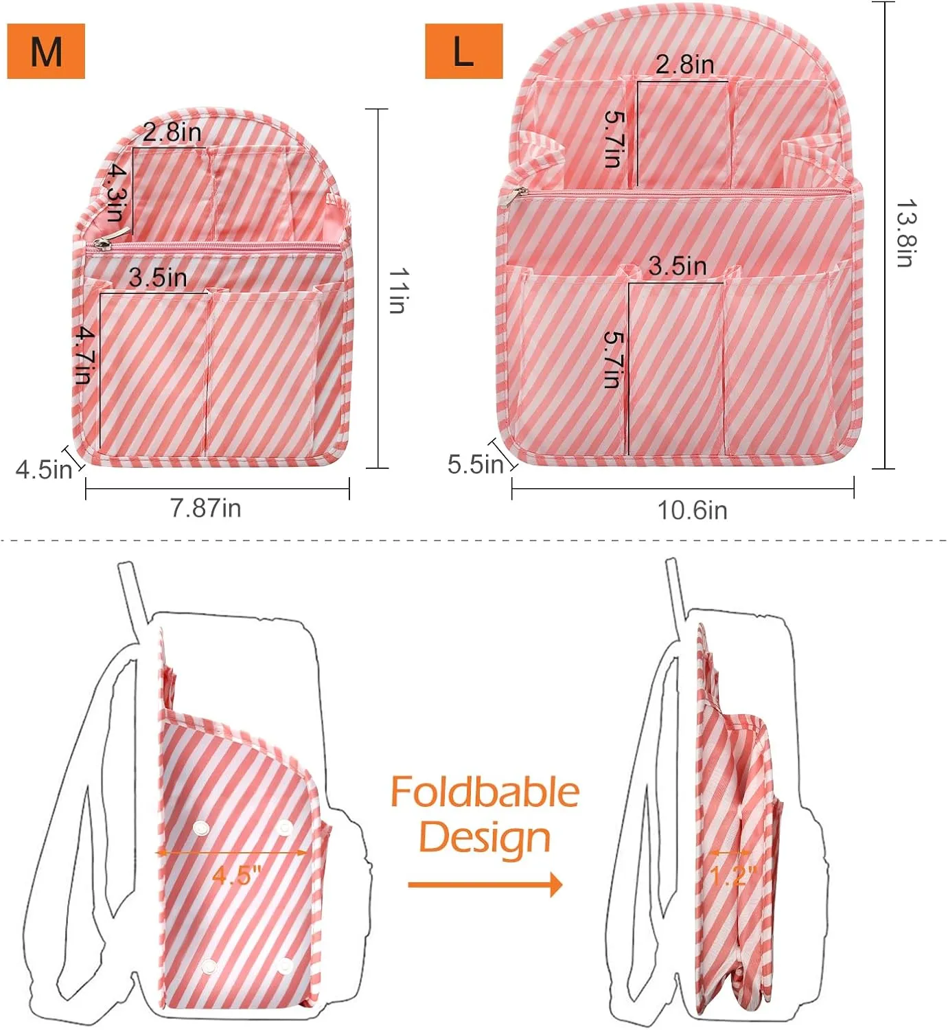 Surblue Backpack Organizer Insert Liner Hanging Travel Rucksack Purse and Handbag Insert Pocket, High-capacity Divider Foldable Nylon Shoulder Bag Organizer for Men and Women, (Pink, M)