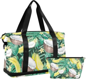susiyo Travel Duffel Bags for Women, Watercolor Tropical Banana Coconut Sports Duffel Bags Gym Bags with Shoes Compartment, Tote Bag Weekender Bag for Travelling