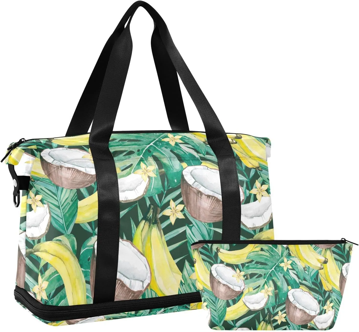 susiyo Travel Duffel Bags for Women, Watercolor Tropical Banana Coconut Sports Duffel Bags Gym Bags with Shoes Compartment, Tote Bag Weekender Bag for Travelling