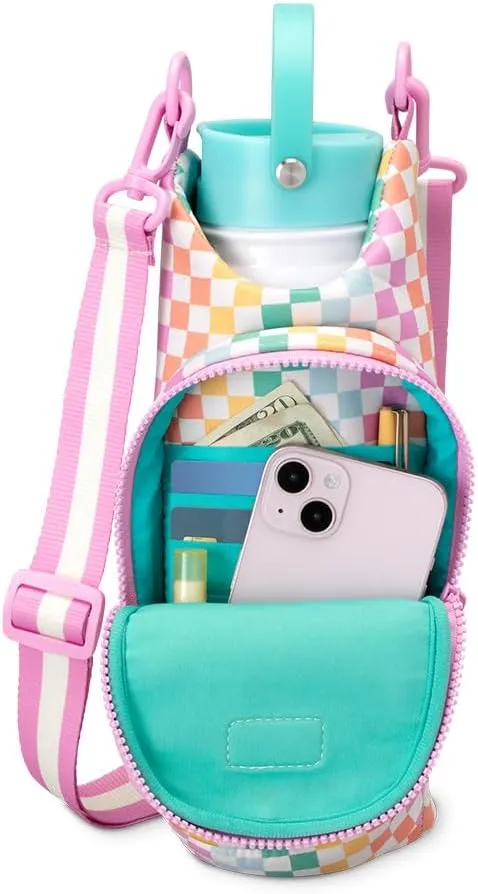 Swig Life Water Bottle Sling Bag, Water Bottle Holder with Adjustable Strap, Carrier Bag with Zippered Phone Pocket, Holds 36oz (Check Mate)