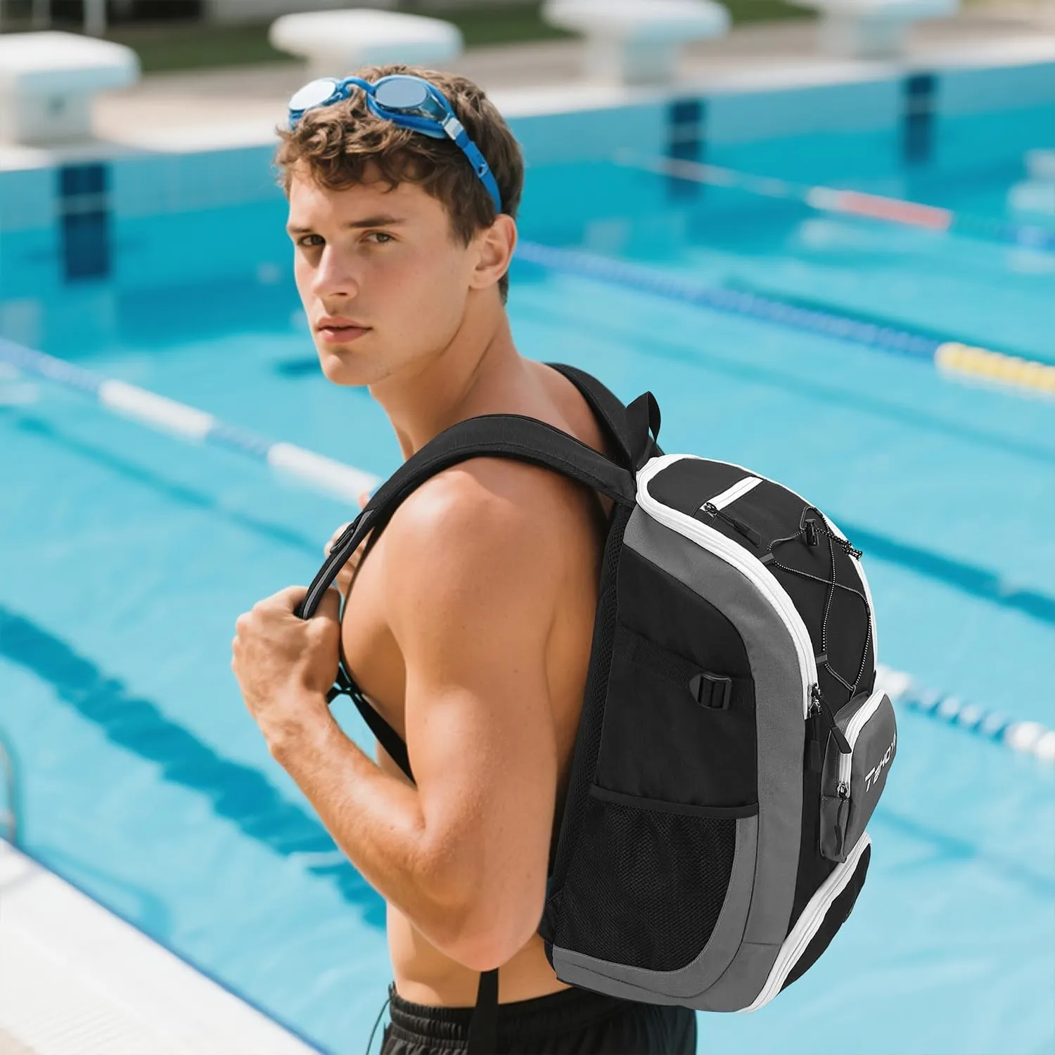Swim Backpack with Shoe Compartment – Small Athlete Gym Bag for Men & Women Wet Dry Separation Beach & Pool Backpack Lightweight Swimming Gear Bag with Side Mesh Pockets, Grey