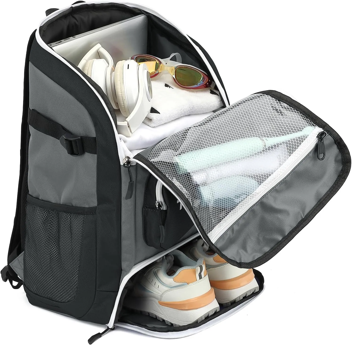 Swim Backpack with Shoe Compartment – Small Athlete Gym Bag for Men & Women Wet Dry Separation Beach & Pool Backpack Lightweight Swimming Gear Bag with Side Mesh Pockets, Grey