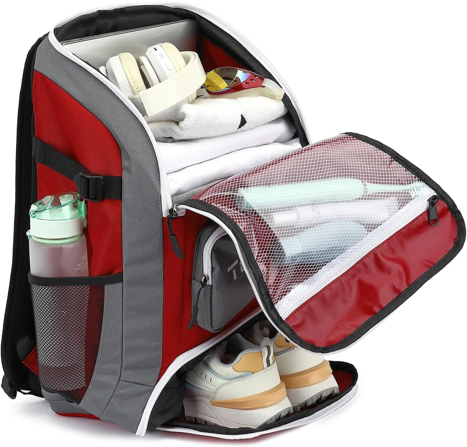 Swim Backpack with Shoe Compartment – Small Athlete Gym Bag for Men & Women Wet Dry Separation Beach & Pool Backpack Lightweight Swimming Gear Bag with Side Mesh Pockets, Red