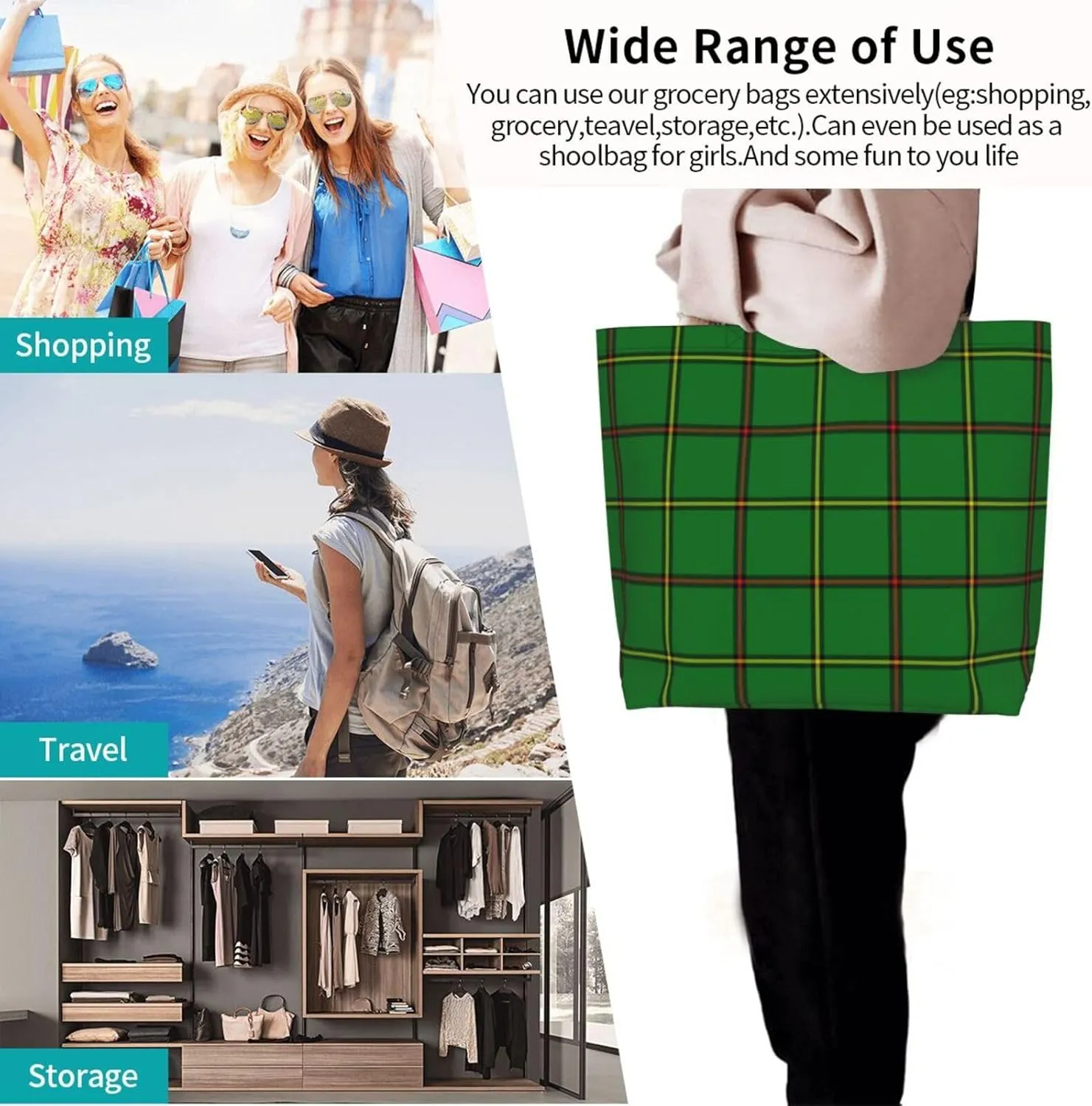 Tartan Tote Bag For Women Weekender Travel Bag Reusable Grocery Bags Large Totes Handbags