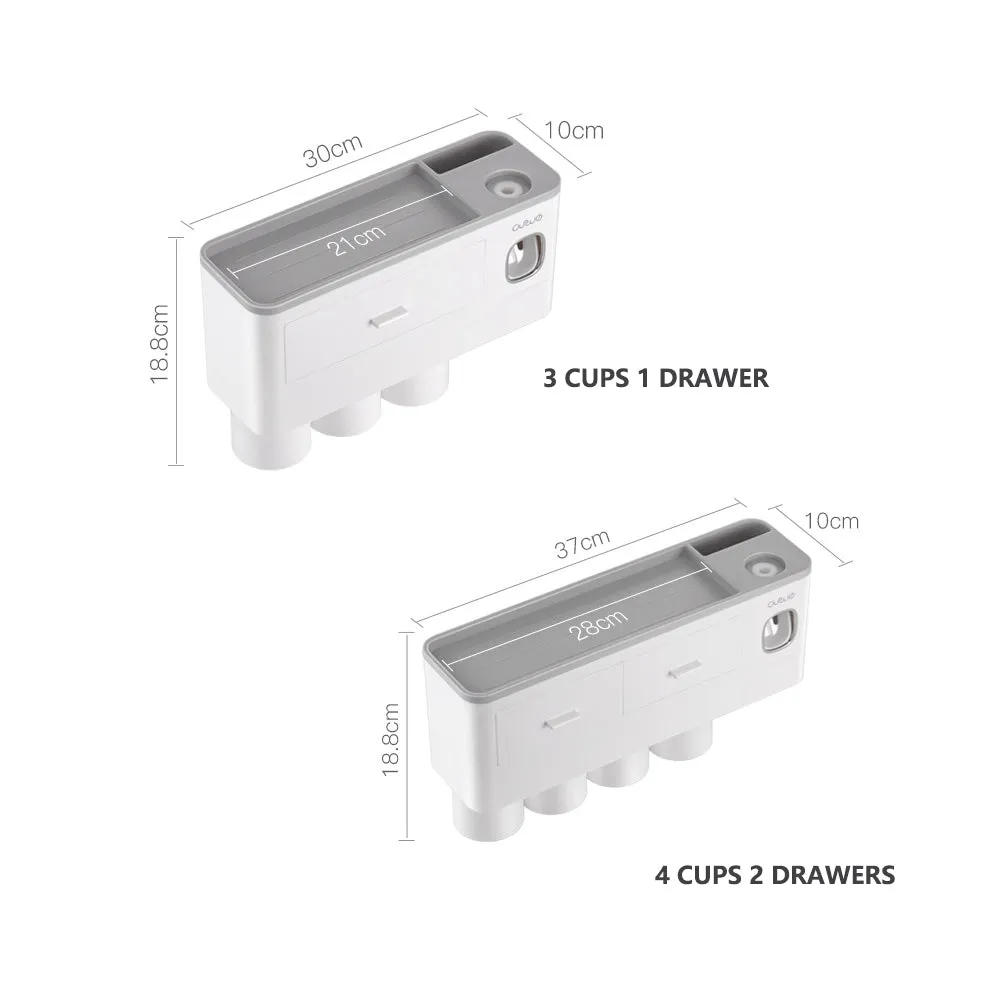 Toothbrush Holders with 3-4 Cups Automatic Toothpaste Dispenser Kit(3 Cups 1 Drawer)