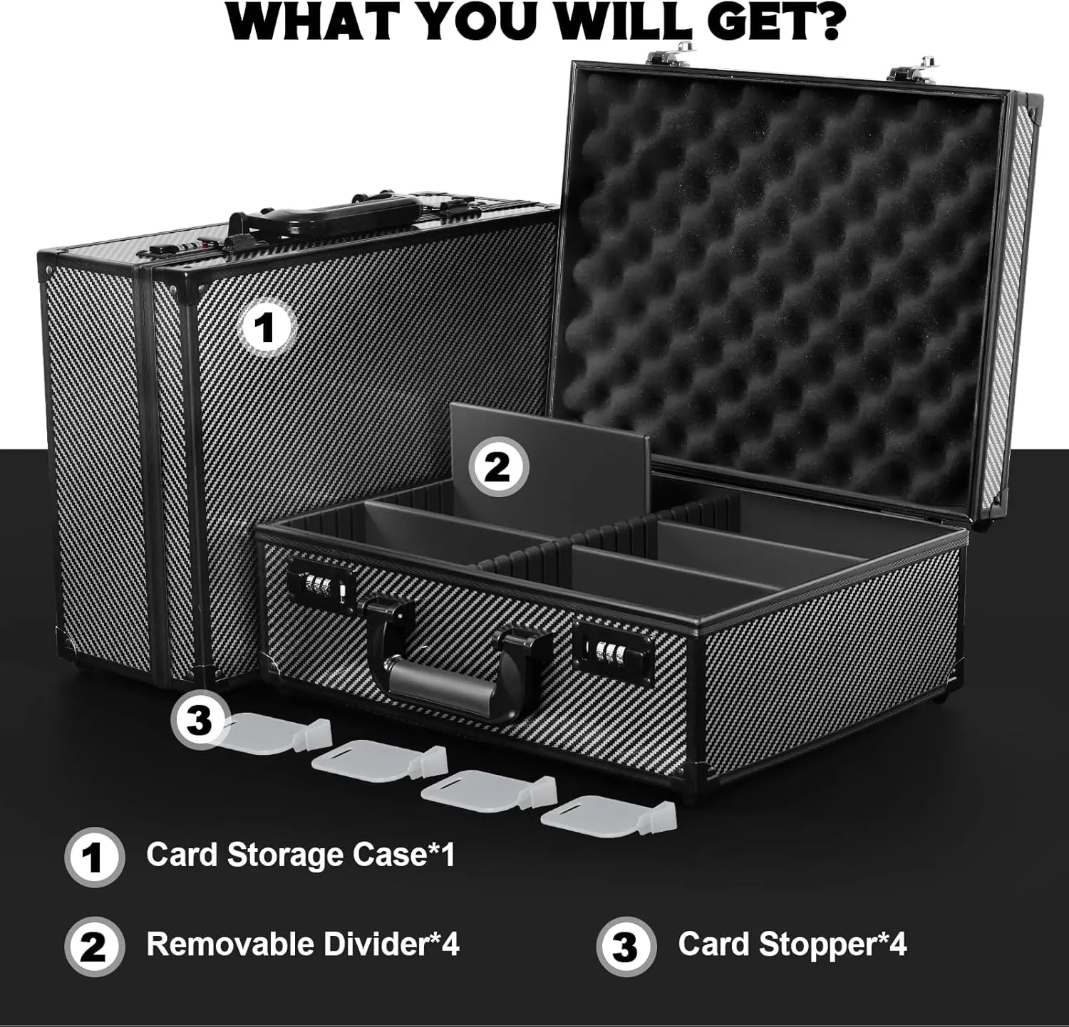 Toploader Storage Box for 3" X 4" 35pt Rigid Cards, Trading Card Storage Box with Combination Lock, Sports Card Case with Removable Dividers for Baseball Cards (Holds 600  Toploaders, Carbon Fibre)