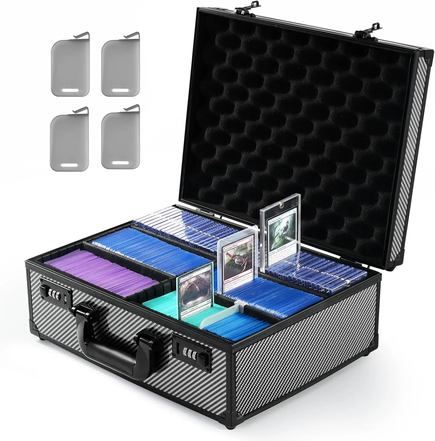 Toploader Storage Box for 3" X 4" 35pt Rigid Cards, Trading Card Storage Box with Combination Lock, Sports Card Case with Removable Dividers for Baseball Cards (Holds 600  Toploaders, Carbon Fibre)