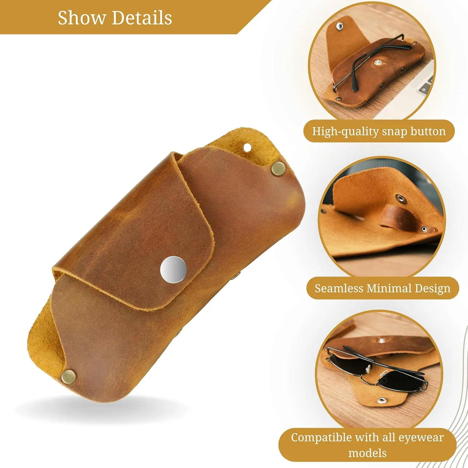 Toprank Leather Eyeglass Case - Handmade Slim Sunglasses Holder, Genuine and Universal Fit for Men and Women