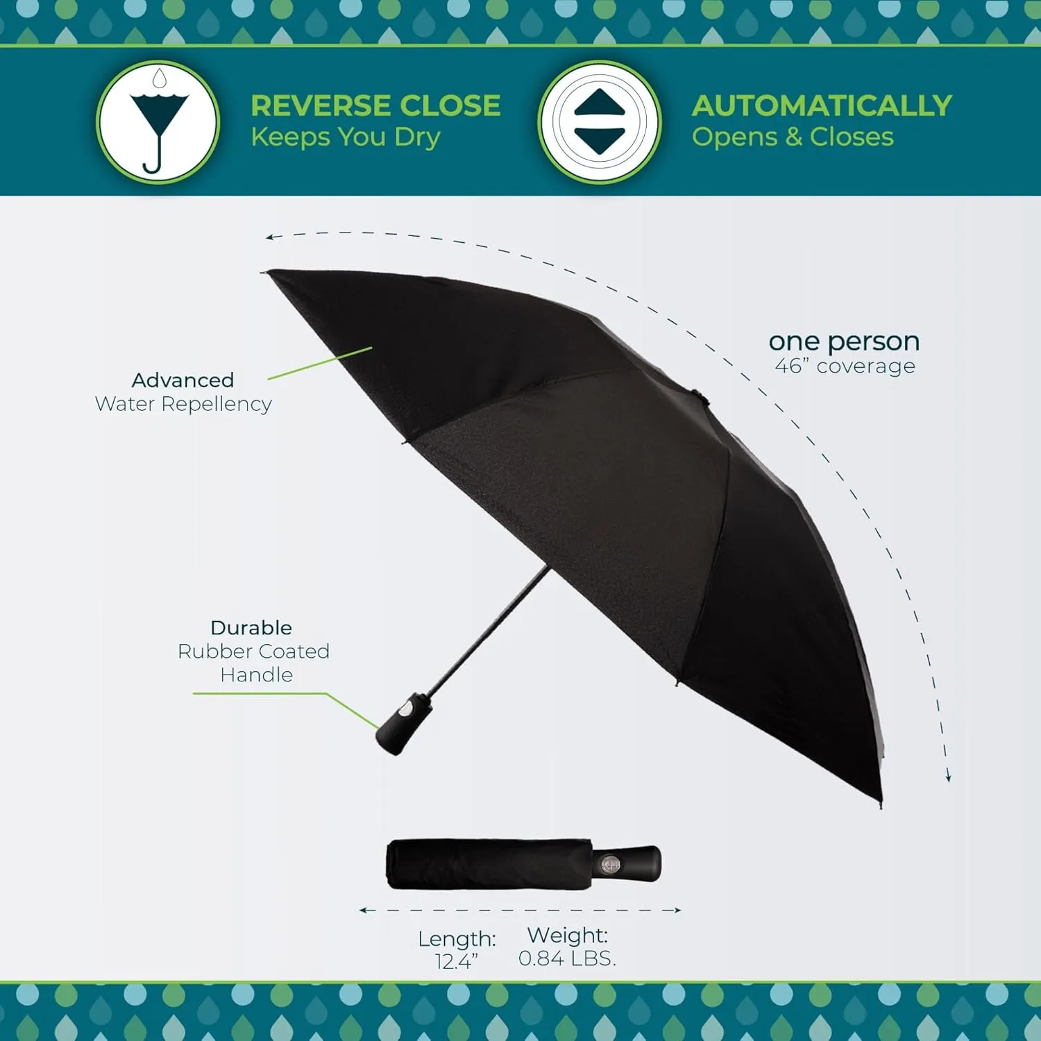 totes Reverse Close Folding Inbrella with Auto Open Close and Compact, Windproof Design, Black
