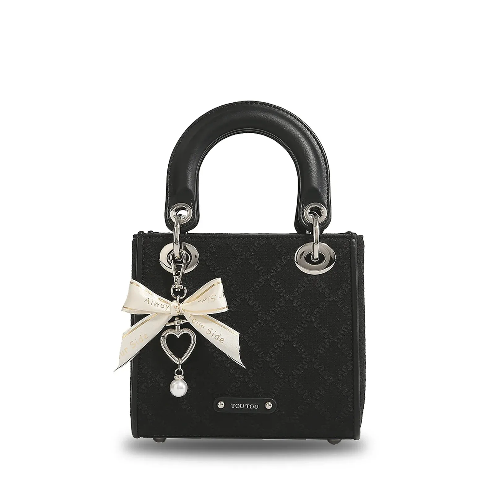TOUTOU Argyle Jacquard Handbag Fashion Bow Decor Satchel Purse Women's Small Tote Bag Luxury Brand Bag