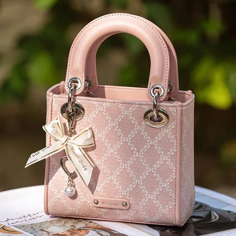 TOUTOU Argyle Jacquard Handbag Fashion Bow Decor Satchel Purse Women's Small Tote Bag Luxury Brand Bag