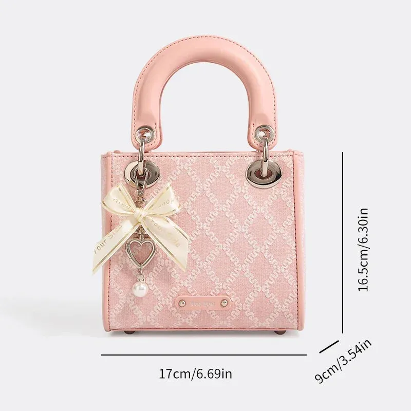TOUTOU Argyle Jacquard Handbag Fashion Bow Decor Satchel Purse Women's Small Tote Bag Luxury Brand Bag