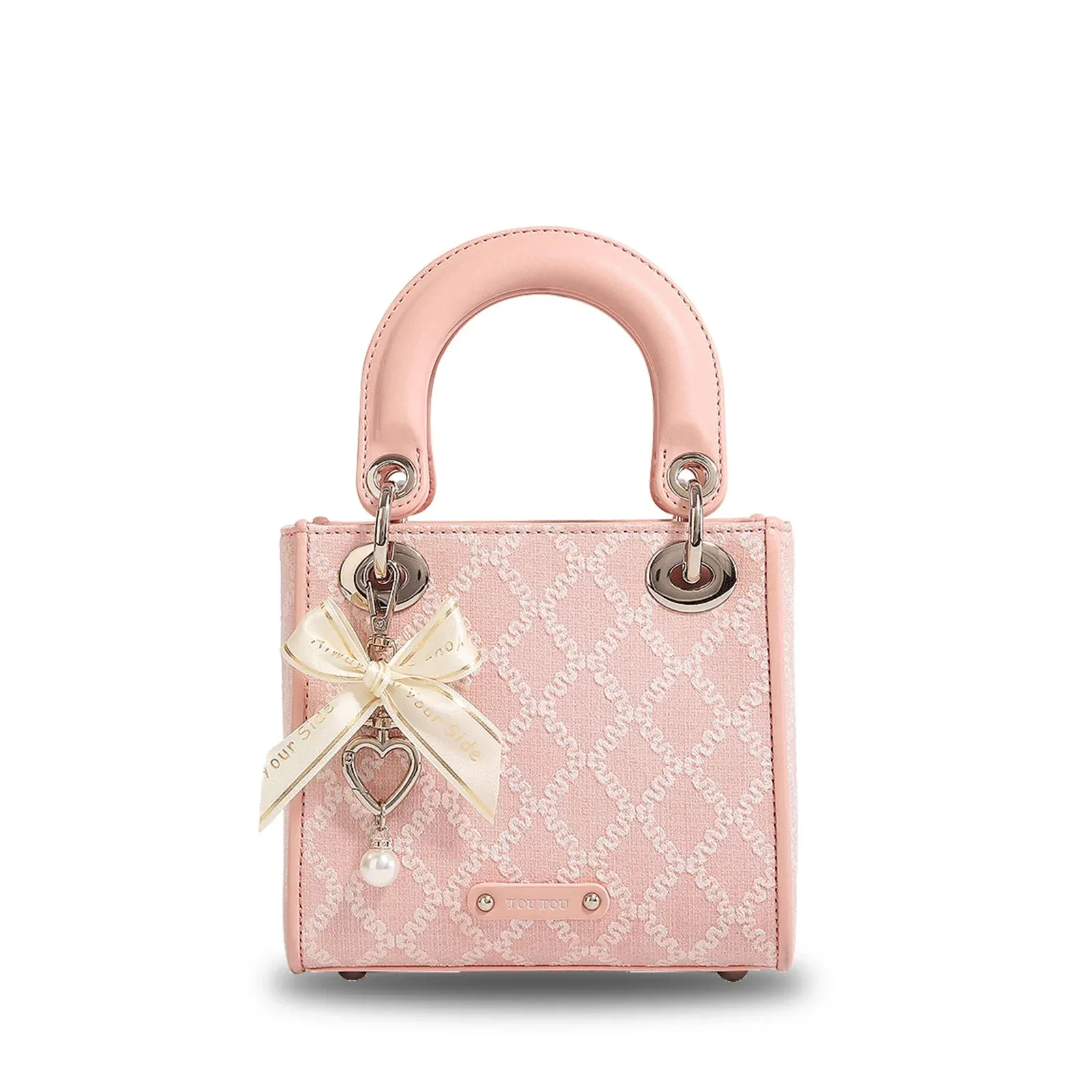 TOUTOU Argyle Jacquard Handbag Fashion Bow Decor Satchel Purse Women's Small Tote Bag Luxury Brand Bag
