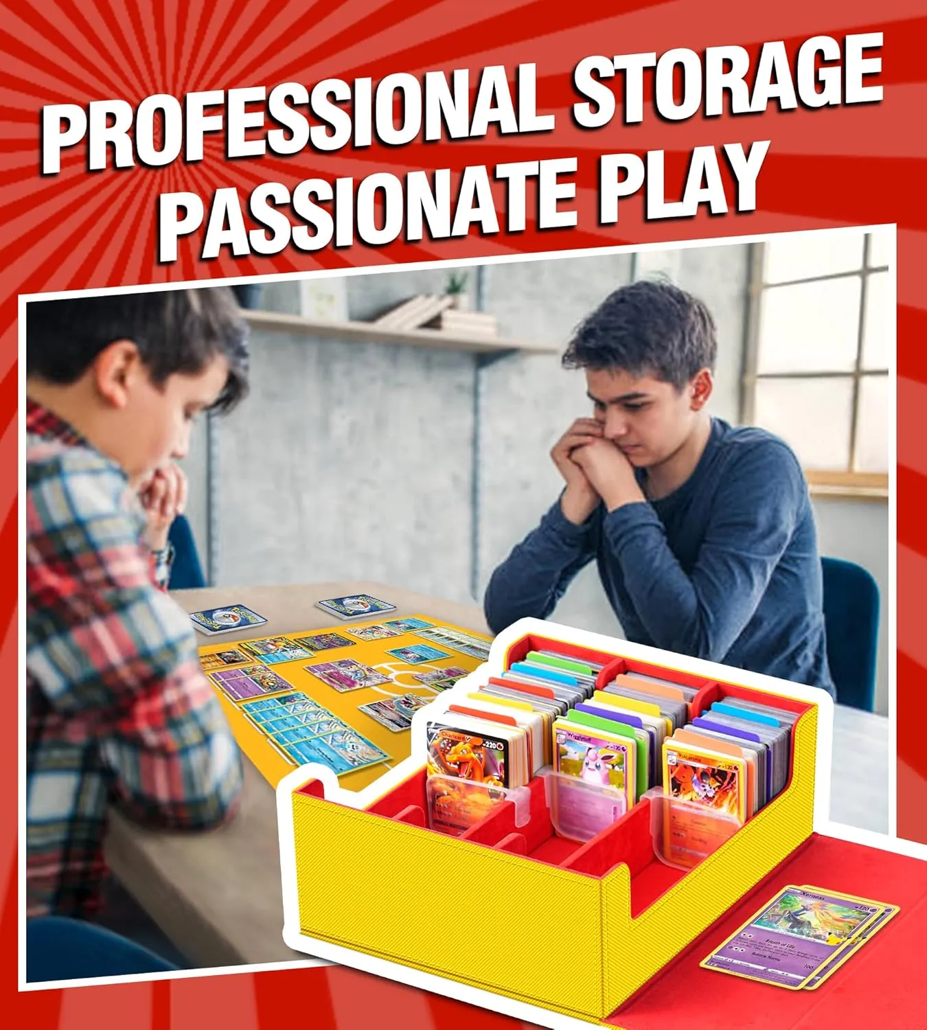 Trading Card Storage Box - 2400  Commander Deck Case for Magic the Gathering PKM YuGiOh Sports Cards, Leather MTG TCG PTCG with 12 PVC Dividers 4 Card Supporters, Blue and Red