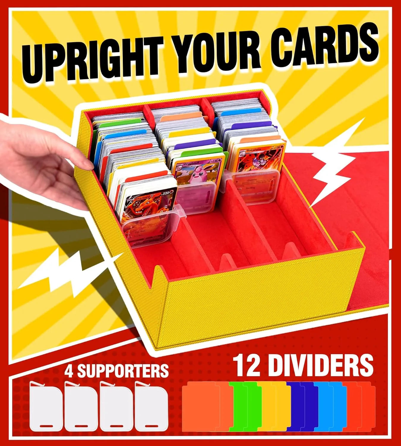 Trading Card Storage Box - 2400  Commander Deck Case for Magic the Gathering PKM YuGiOh Sports Cards, Leather MTG TCG PTCG with 12 PVC Dividers 4 Card Supporters, Blue and Red