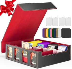 Trading Card Storage Box 3200 , MTG Commander Deck Box Cases with 24 Colorful Dividers & 4 Card Holders & 4 Supporters, PU Leather TCG Case Fits for Magic/TCG/YuGiOh/Sport Cards- Black & Red