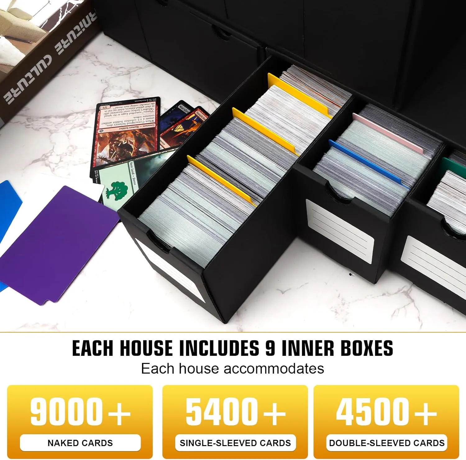 Trading Card Storage Box, Includes 9-600 CT Boxes & 48 Card Dividers, 9000  Trading Card Organizer for Collectible Card Games, for TCG, YuGiOh, MTG, PTCG, Baseball Cards, with Labels & Tapes