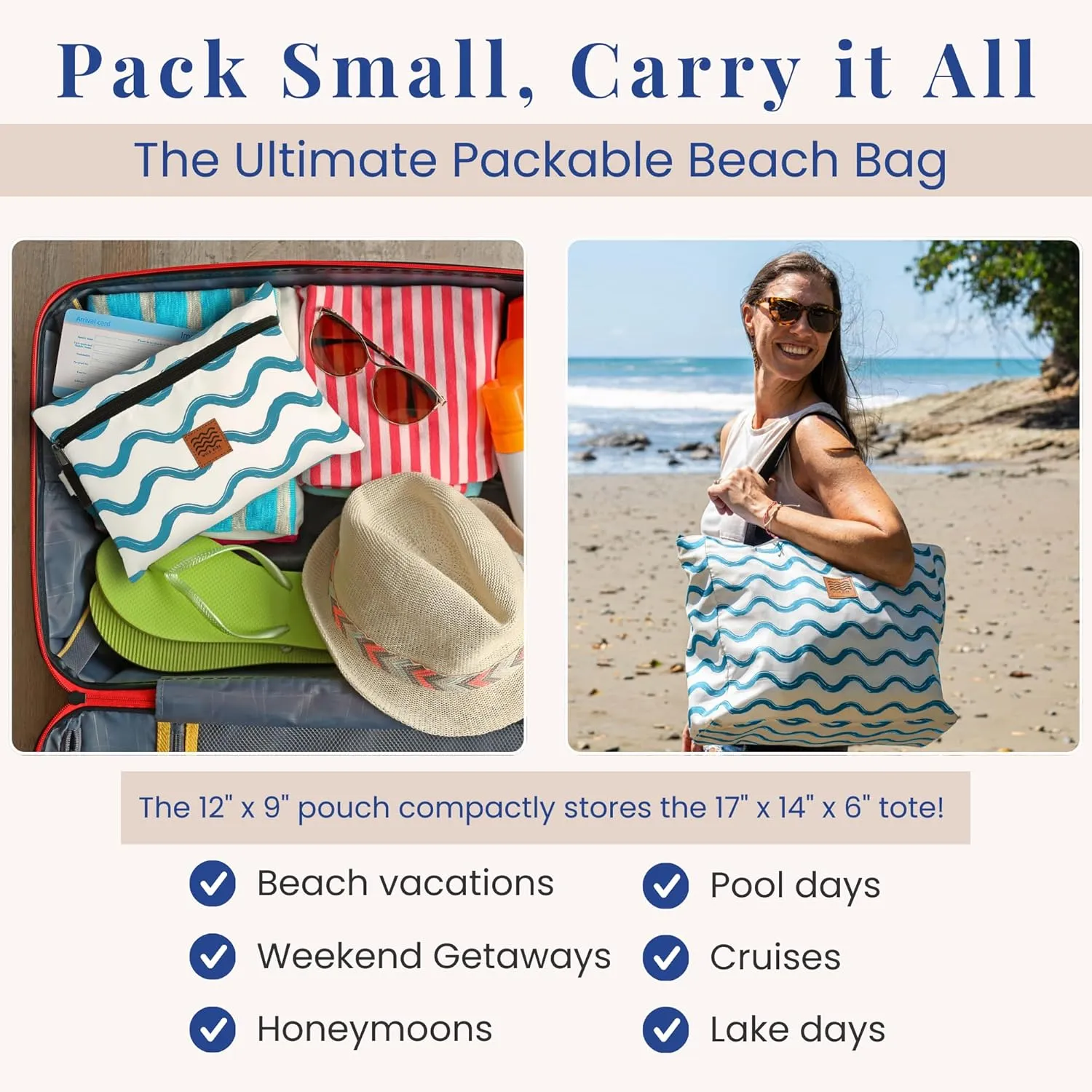 Travel Beach Bag Packable Beach Bag Tote for Pool Lake Cruise Essentials for Women, Foldable Travel Tote for Women