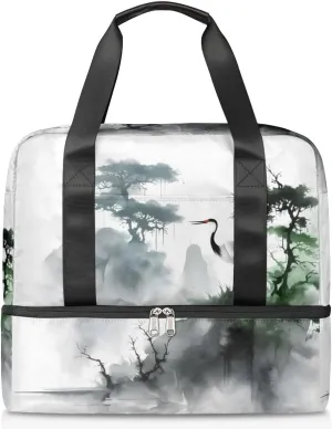 Travel Duffel Bags Ink Painting Crane Sports Gym Bag with Wet Pocket & Shoes Compartment Large Duffel Bags Waterproof Overnight Bag Weekender Bags for Women Men