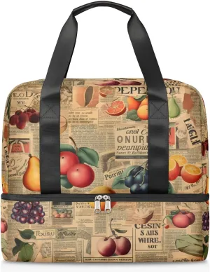 Travel Duffel Bags Newspaper Fruits Sports Gym Bag with Wet Pocket & Shoes Compartment Large Duffel Bags Waterproof Overnight Bag Weekender Bags for Women Men