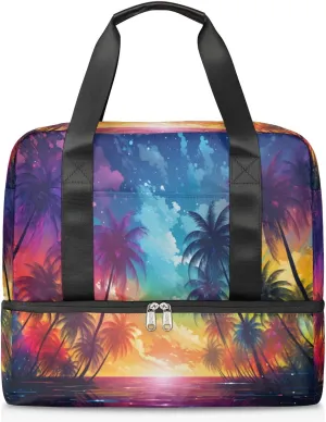 Travel Duffel Bags Rainbow Coconut Tree Sports Gym Bag with Wet Pocket & Shoes Compartment Large Duffel Bags Waterproof Overnight Bag Weekender Bags for Women Men