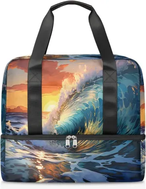 Travel Duffel Bags Seawater Sunset Sports Gym Bag with Wet Pocket & Shoes Compartment Large Duffel Bags Waterproof Overnight Bag Weekender Bags for Women Men