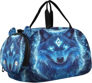 Travel Duffle Bag for Kids Boys Girls Blue Wolf Galaxy White Eyes Sports Bag Overnighter Duffle Sleepover Weekender with Shoes Compartment