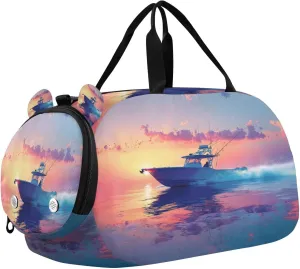 Travel Duffle Bag for Kids Boys Girls Fishing Boat Sea Sunrise Blue Sports Bag Overnighter Duffle Sleepover Weekender with Shoes Compartment