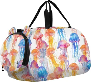 Travel Duffle Bag for Kids Boys Girls Jellyfish Coral Watercolor Sports Bag Overnighter Duffle Sleepover Weekender with Shoes Compartment
